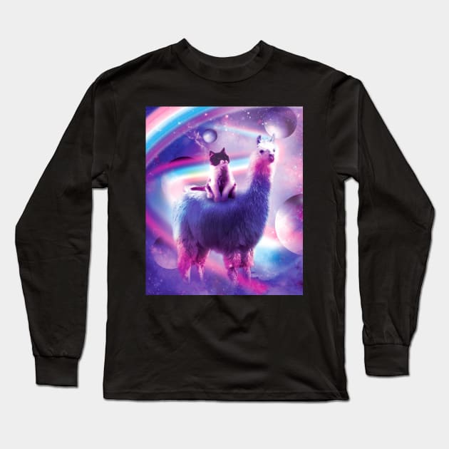 Kitty Cat Riding On Rainbow Llama In Space Long Sleeve T-Shirt by Random Galaxy